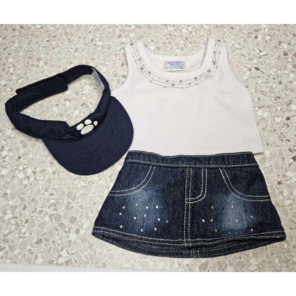 Build Bear Vintage Denim Skirt Rhinestones White Tank Top Sequins Visor BABW